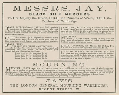 Ogłoszenie dla panów Jay, The London General Mourning Warehouse, Regent Street autorstwa English School