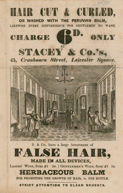 Ogłoszenie firmy Stacey & Co.s, 45 Cranbourne Street, Leicester Square, Londyn, salony fryzjerskie autorstwa English School
