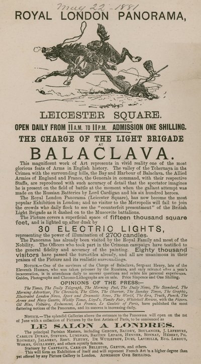 Reklama The Royal London Panorama przedstawiająca Szarżę Lekkiej Brygady w Balaclava autorstwa English School