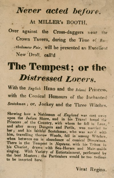 Reklama Burzy; lub The Distressed Lovers, wykonywane w Millers Booth, Cross Daggers, w pobliżu Crown Tavern autorstwa English School