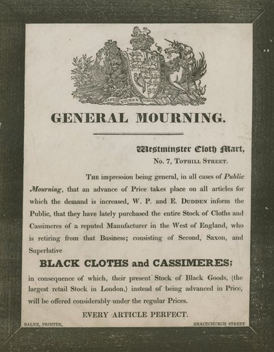 Ogłoszenie dla W P i E Dudden, Westminster Cloth Mart, 7 Tothill Street autorstwa English School