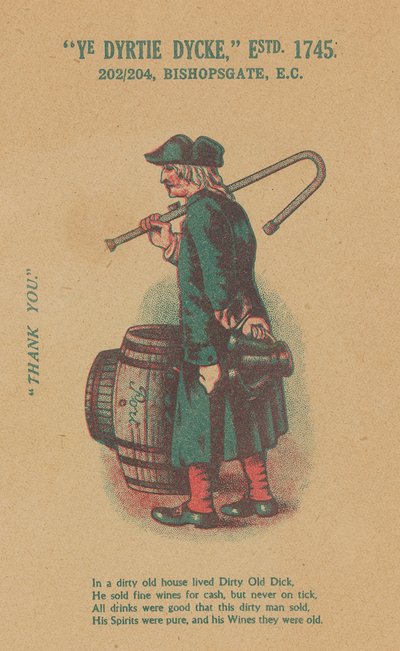 Reklama Ye Dyrtie Dycke (Brudny Dick), 202-204 Bishopsgate, Londyn autorstwa English School