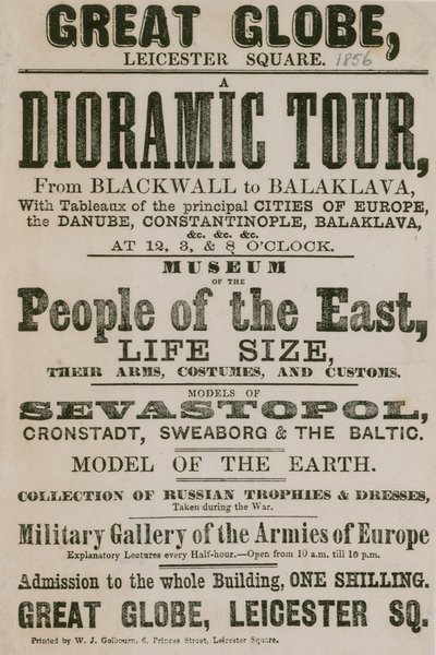 Ogłoszenie dioramic Tour z Blackwall do Balaklava, z obrazami głównych miast Europy autorstwa English School