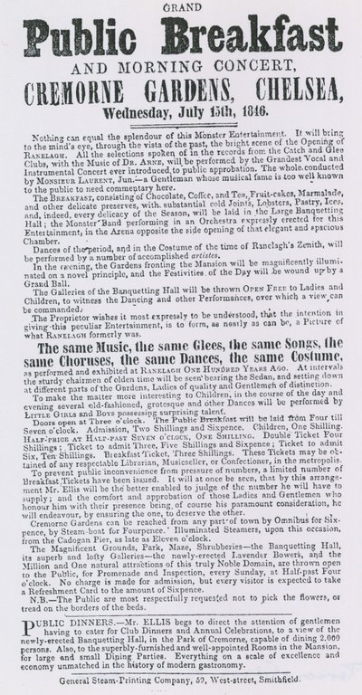 Ogłoszenie o wielkim publicznym śniadaniu i porannym koncercie, Cremorne Gardens, Chelsea autorstwa English School