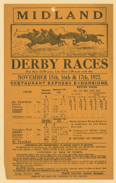 Ogłoszenie wycieczki koleją na wyścigi Midland Derby Races, 15-17 listopada 1922 r. autorstwa English School