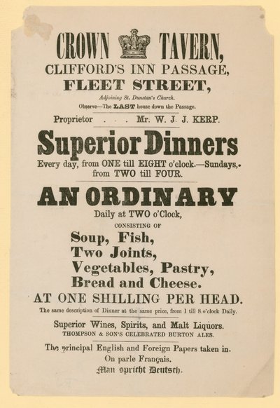 Reklama dla Crown Tavern, Cliffords Inn Passage, Fleet Street, Londyn autorstwa English School