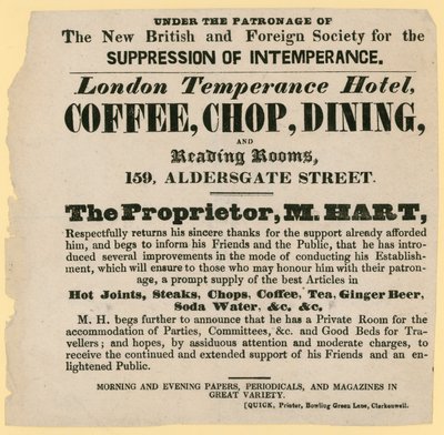 Reklama londyńskiego hotelu Temperance pod patronatem New British and Foreign Society for the Suppression of Intemperance autorstwa English School