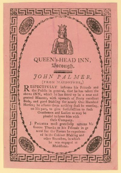 Reklama dla Queens Head Inn, Borough, Londyn autorstwa English School