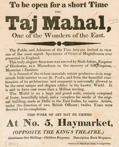 Ogłoszenie wystawy modelu Taj Mahal w Haymarket 5, Londyn autorstwa English School