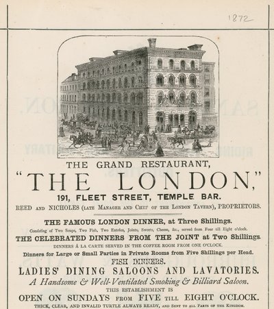Reklama wielkiej restauracji The London, 191 Fleet Street, Temple Bar autorstwa English School