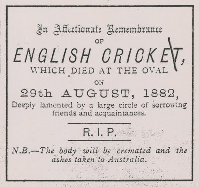 Ogłoszenie z „Sporting Times” z sierpnia 1882 r., które wprowadziło koncepcję The Ashes autorstwa English School