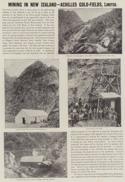Reklama, wydobycie w Nowej Zelandii, Achilles Gold-Fields (grawerowanie) autorstwa English School