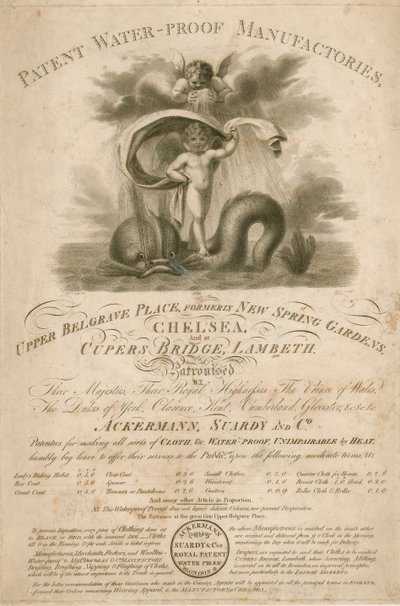 Reklama firmy Ackermann, Stardy & Co., opatentowanych manufaktur wodoodpornych autorstwa English School
