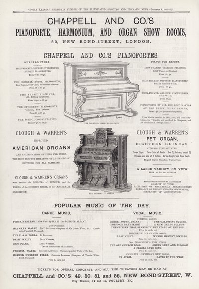 Reklama sal koncertowych Pianoforte, Harmonium i Organ Show Room firmy Chappell and Co (grawerowanie) autorstwa English School