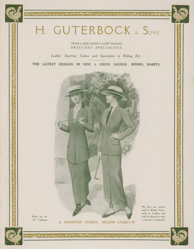 Reklama H Guterbock & Sons, damskich krawców sportowych i specjalistów w strojach jeździeckich (kolor lito) autorstwa English School