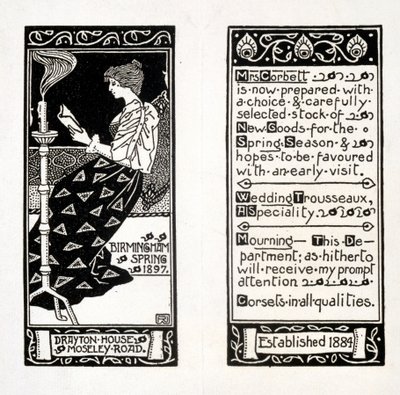 Reklama pani Corbett w Drayton House, Birmingham, 1897 autorstwa English School