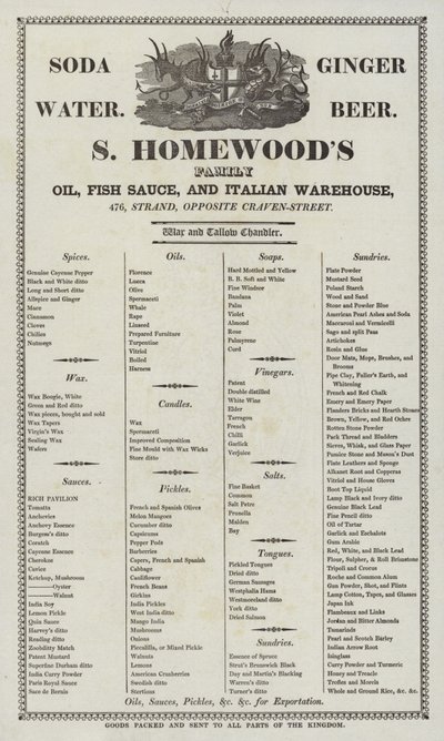 Reklama oleju S Homewoods, sosu rybnego i włoskiego magazynu autorstwa English School