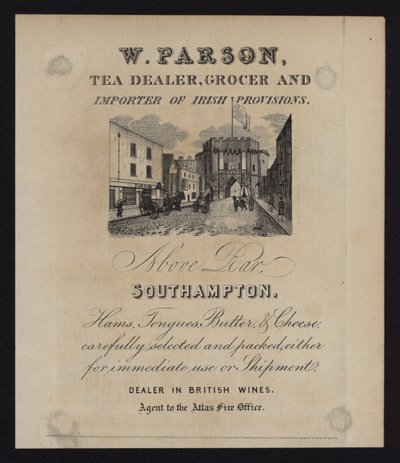 Reklama dla W Parson, sprzedawcy herbaty, sklepu spożywczego i importera irlandzkich przepisów, Southampton, Hampshire autorstwa English School