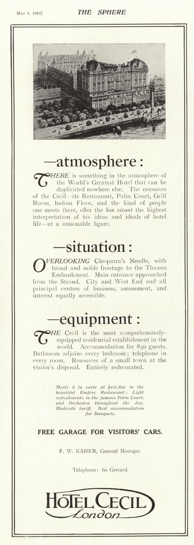 Reklama hotelu Cecil w Londynie autorstwa English School
