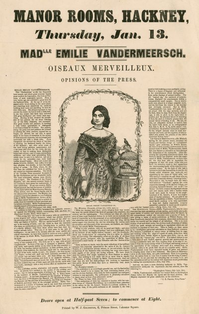 Reklama dotycząca występu Mademoiselle Emile Vandermeersch, Oiseaux Merveilleux w Manor Rooms, Hackney, Londyn autorstwa English School