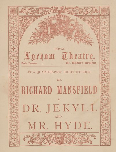 Karta reklamowa Lyceum Theatre, Dr Jekyll i Mr Hyde z Richardem Mansfieldem w rolach głównych autorstwa English School