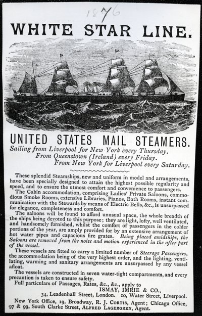Reklama White Star Line, 1876 (papier drukowany) autorstwa English School