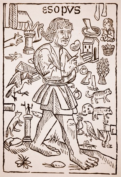 Ezop, frontyspis do Bajek Ezopa autorstwa Williama Caxtona (ok. 1422-91), 1434 (zdjęcie w sepii) autorstwa English School