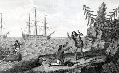 Atakujący wywiad dwóch Mokito Men, ilustracja zaczerpnięta z Moores Voyages and Travels, 1778 autorstwa English School