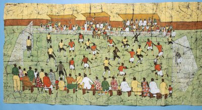 Afrykański batik ilustrujący mecz piłki nożnej z tłumami obserwującymi na trybunach (tekstylny) autorstwa English School