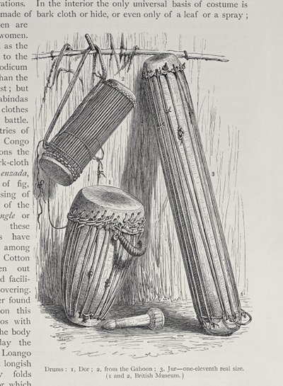 Bębny afrykańskie, z „Historii ludzkości”, t. III, autorstwa prof. Friedricha Ratzela, 1898 autorstwa English School