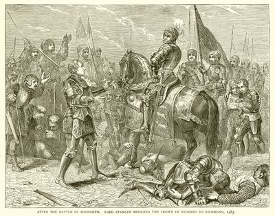 Po bitwie pod Bosworth. Lord Stanley przynosząc koronę Richarda do Richmond, 1483 autorstwa English School