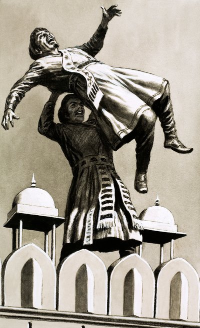 Akbar, król Hindustanu, zrzucił ze szczytu pałacu mordercę Adhama Khana (gwasz na papierze) autorstwa English School
