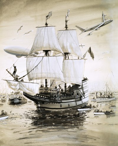 Alan Villiers odtwarza statek Mayflower Ojców Pielgrzymów i płynie przez Atlantyk. autorstwa English School