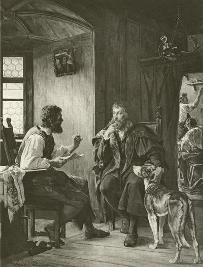 Albert Durer odwiedza Hansa Sachsa (grafika) autorstwa English School