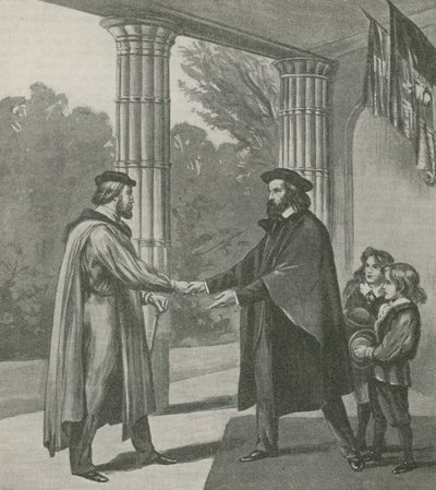 Alfred, Lord Tennyson, witający Giuseppe Garibaldiego w swoim domu na wyspie Wight autorstwa English School