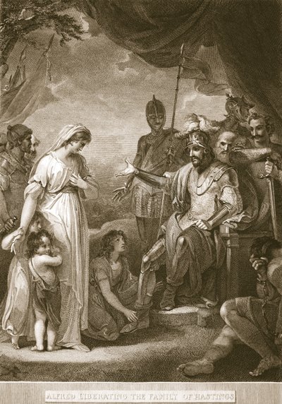 Alfred wyzwalający rodzinę Hastingsów, ilustracja z Davida Humesa The History of England, wyd. R. Bowyer, Londyn, 1812 r. autorstwa English School