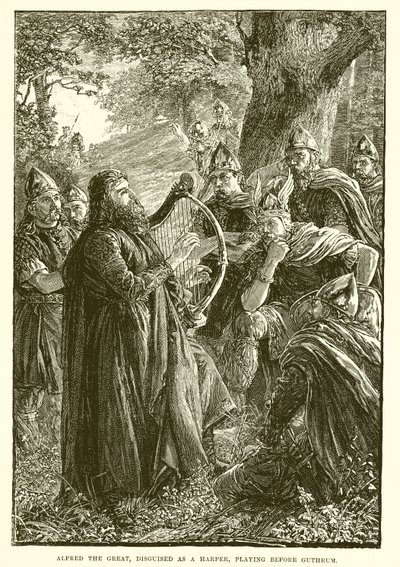 Alfred Wielki, przebrany za harfiarza, grający przed Guthrum autorstwa English School