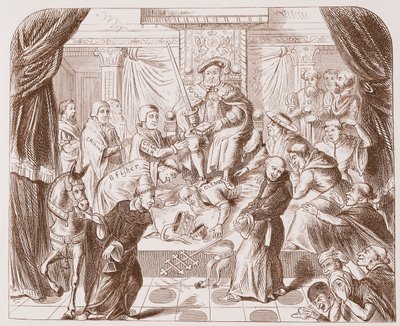 Alegoryczny obraz Henryka VIII depczącego papieża Klemensa, ze starodruku w British Museum autorstwa English School