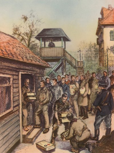 Alianccy jeńcy wojenni otrzymujący paczki Czerwonego Krzyża w niemieckim obozie jenieckim, II wojna światowa autorstwa English School