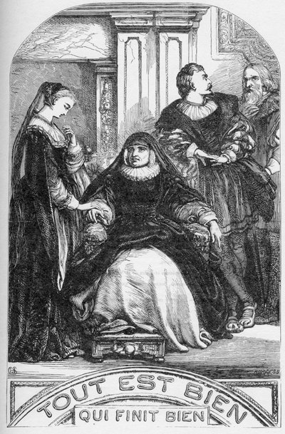 Wszystko dobre, co się dobrze kończy – ilustracja w „” Works complete by William Shakespeare”” 1866 – Ilustracje i ogólna forma tego wydania zapożyczono z ilustrowanego Szekspira Cassella, opublikowanego w Londynie autorstwa English School