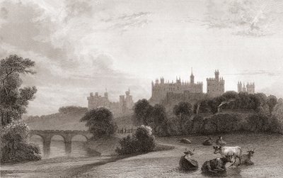 Zamek Alnwick, Alnwick, Northumberland, Anglia, na początku XIX wieku. Używany jako lokacja w filmach o Harrym Potterze. Z galerii portretów i pejzaży Churtona, opublikowanej w 1836 r. autorstwa English School