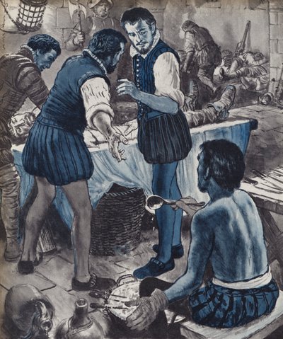 Ambroise Pare, chirurg wojskowy, kiedy skończyła się ropa (litografia) autorstwa English School