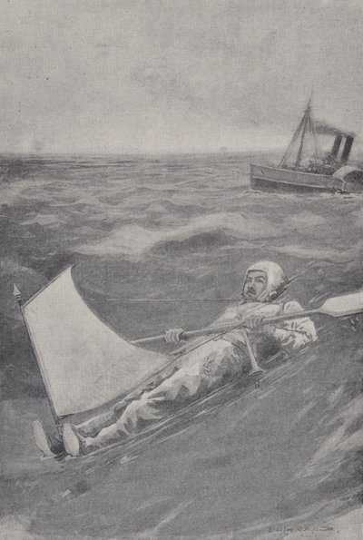 Amerykański poszukiwacz przygód Paul Boyton przekraczający kanał La Manche w gumowym garniturze autorstwa English School