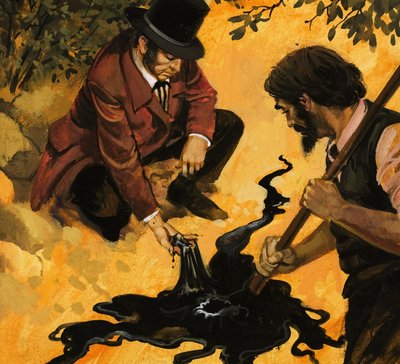 Edwardiański dżentelmen odkrywający olej (gwasz na papierze) autorstwa English School