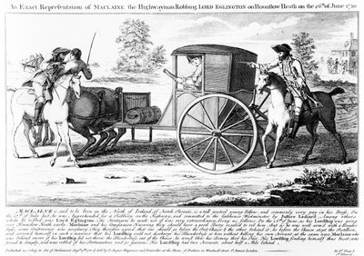 Dokładne przedstawienie Maclaine the Highwayman rabującego Lorda Eglingtona na Hounslow Heath 26 czerwca 1750, grafika wykonana przez Charlesa Mosleya, 1750 autorstwa English School