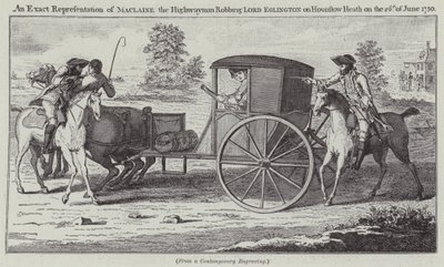 Dokładne przedstawienie Maclaine the Highwayman rabującego Lorda Eglingtona na Hounslow Heath w dniu 26 czerwca 1750 (grawerowanie) autorstwa English School