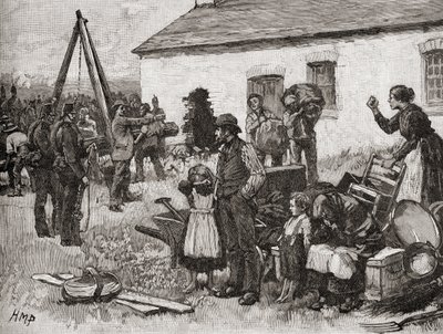 Irlandzka rodzina zostaje eksmitowana z domu z powodu niepłacenia czynszu, Irlandia autorstwa English School