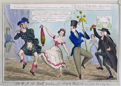 Bal O.P.ra, Wykończenie rolką szkockiej do melodii „Złap go i zatrzymaj”, wyd. przez S.W. Fores, 1823 (kolorowa akwaforta) autorstwa English School