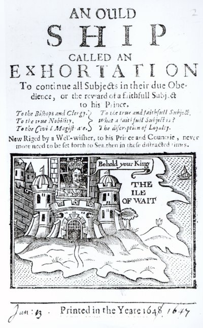 Stary statek zwany adhortacją, Karol I uwięziony w zamku Carisbrooke na wyspie Wight, ok. 1647 autorstwa English School