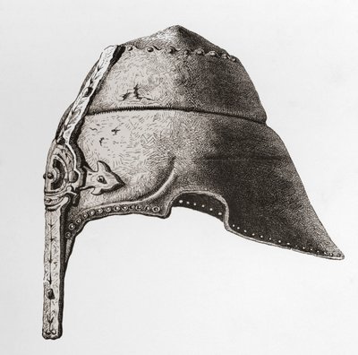 Hełm nosowy z początku XII wieku, z The British Army: Its Origins, Progress and Equipment , opublikowany w 1868 r. autorstwa English School